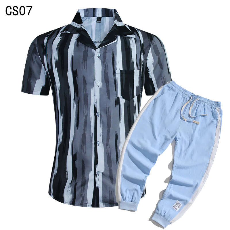 1508-CS07+K522-P45外贸欧美跨境现货短袖衬衫套装夏威夷沙滩衬衣，男装T恤，星座1508-1