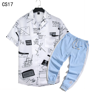 1508-CS17+K522-P45外贸欧美跨境现货短袖衬衫套装夏威夷沙滩衬衣图片
