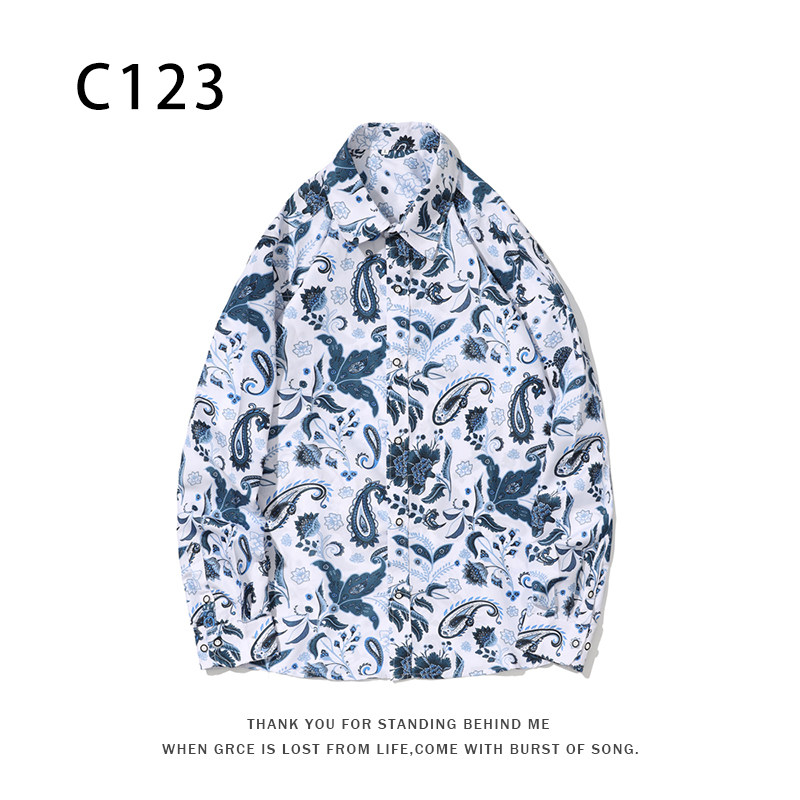 1508-C123-P25秋装新款港风印花长袖衬衫免烫休闲衬衣潮修身上衣图片