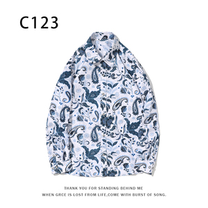 1508-C123-P25秋装新款港风印花长袖衬衫免烫休闲衬衣潮修身上衣图片