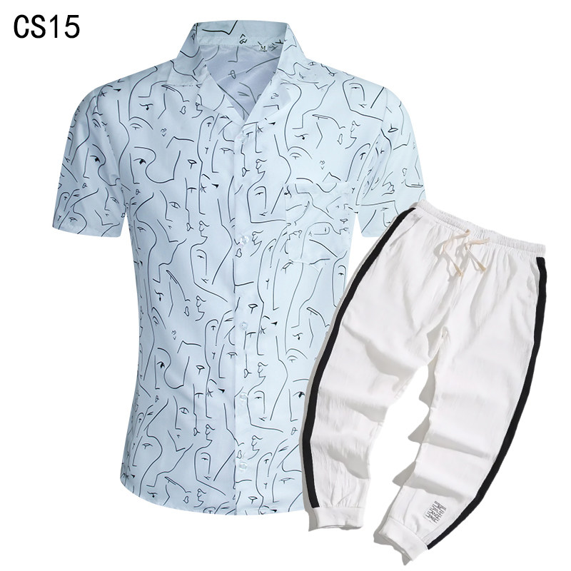 1508-CS15+K522-P45外贸欧美跨境现货短袖衬衫套装夏威夷沙滩衬衣，男装T恤，星座1508-1