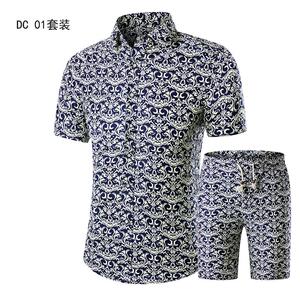1508-DC03套装-P40碎花衬衫男胖子大码宽松短袖套装夏季沙滩衬衣图片