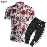 1508-CS09+K522-P45外贸欧美跨境现货短袖衬衫套装夏威夷沙滩衬衣，男装T恤，星座1508-1