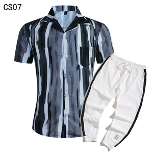 1508-CS07+K522-P45外贸欧美跨境现货短袖衬衫套装夏威夷沙滩衬衣图片