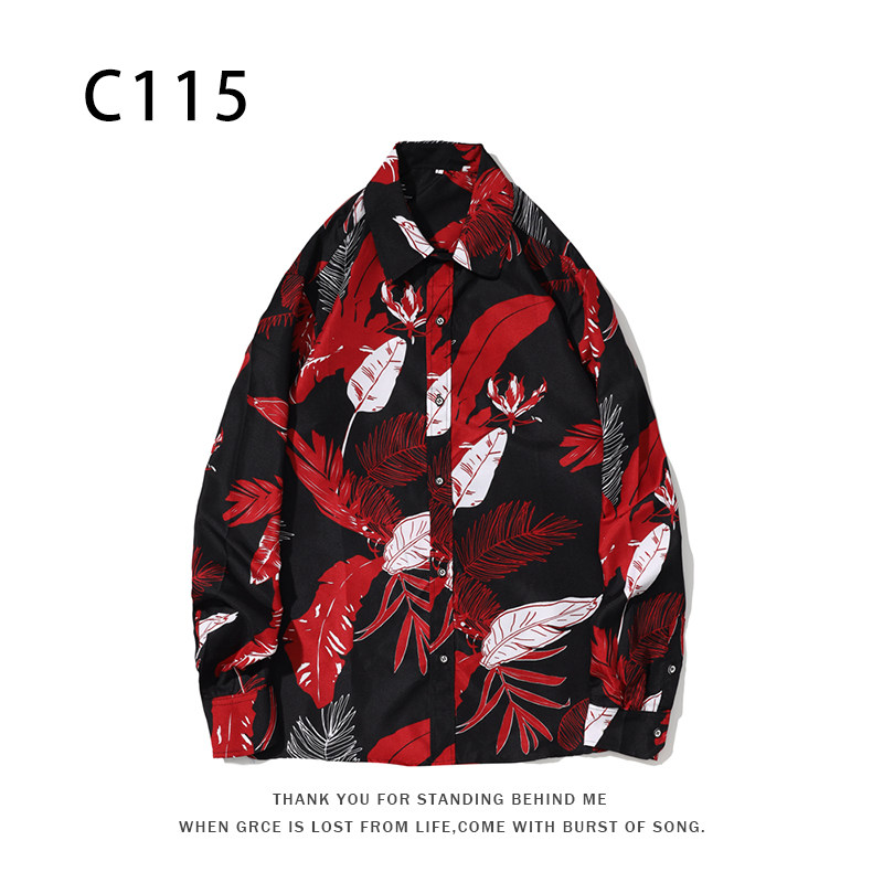 1508-C115-P25秋装新款港风印花长袖衬衫免烫休闲衬衣潮修身上衣图片