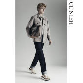 CLNIEH 骆驼绒混纺桑蚕丝绵羊毛面料牛皮装 饰老钱拉链双面呢外套