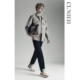 CLNIEH |骆驼绒混纺桑蚕丝绵羊毛面料牛皮装饰老钱拉链双面呢外套