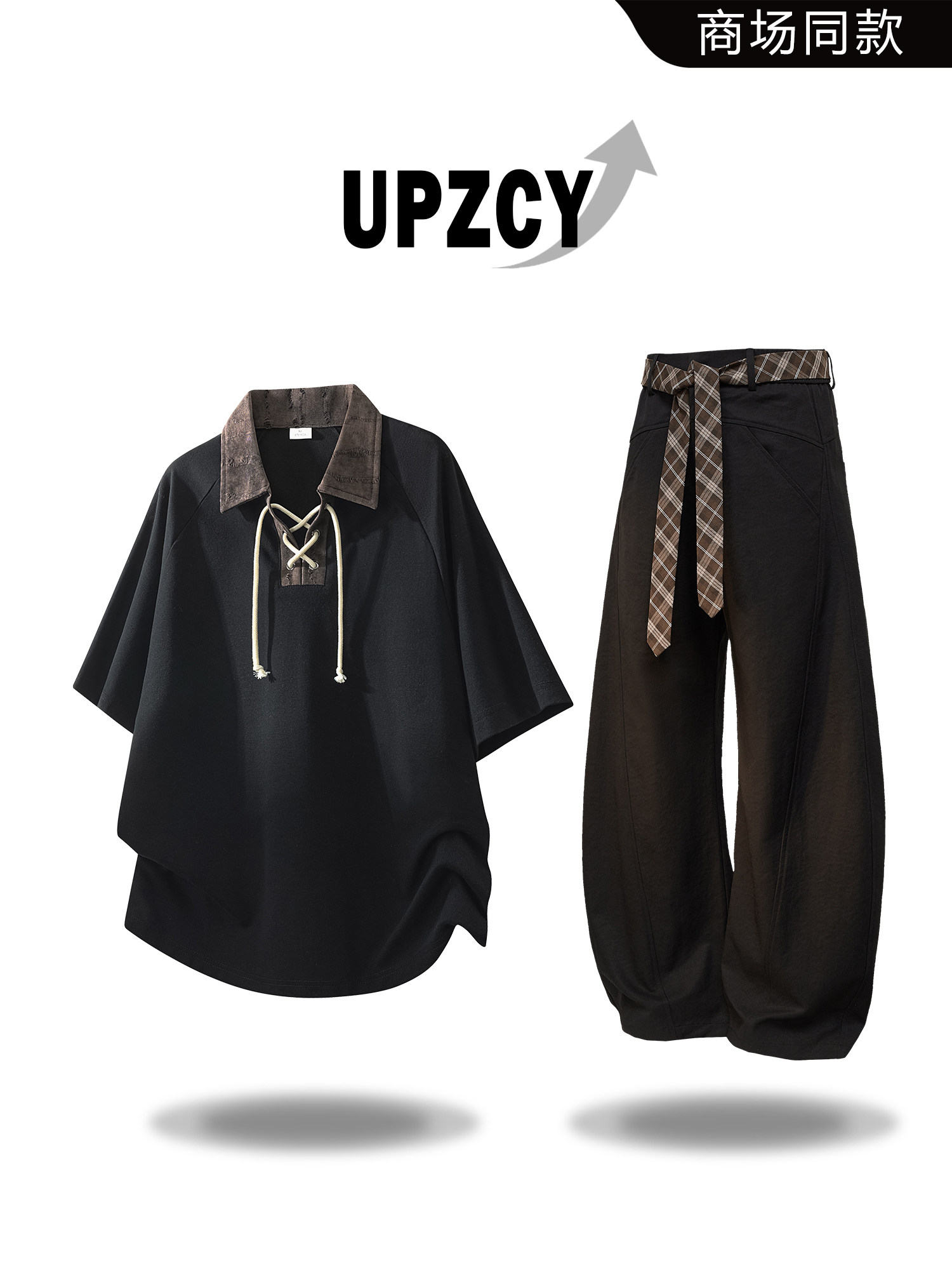 UPZCY Mỹ phong cách cổ điển Áo thun ngắn tay có ve áo nam thời trang xuân hè niche đa năng nam hai món