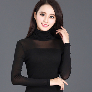 秋冬 2025秋季 新款 天天特价 大码 女长袖 薄款 上衣t 高领网纱打底衫