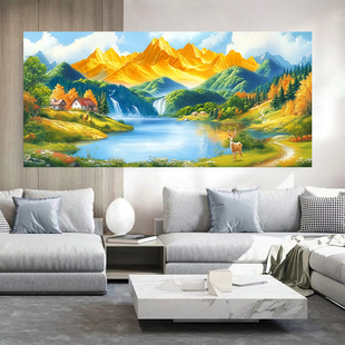 聚宝盆山水画沙发上面的装饰画背靠金山招财墙贴画客厅办公室挂画