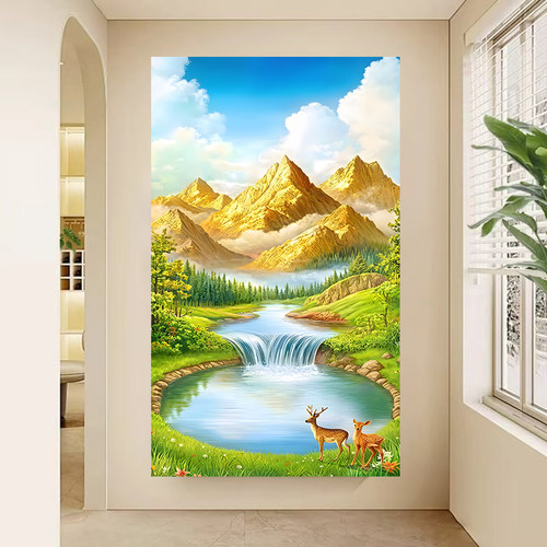 背靠金山聚宝盆山水画玄关挂画麋鹿流水生财入户竖版画招财装饰画