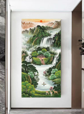 聚宝盆山水画风水靠山图入户玄关装饰画自粘贴画高山流水招财壁画