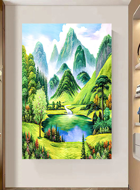 聚宝盆客厅招财装饰画山水风景画办公室风水靠山图自粘画流水生财
