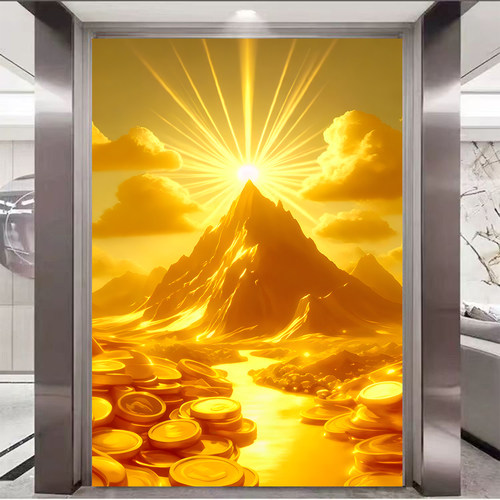 日照金山财源滚滚玄关自粘贴画背靠金山八方来财客厅招财进宝挂画