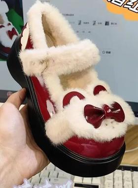 洛丽塔鞋子冬季可爱保暖lo鞋厚底棉鞋雪地靴羊羔lolita加绒马丁靴