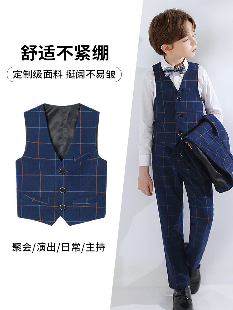 男童格子西装马甲蓝儿童衬衫马甲黑花童礼服马甲学生校服背心藏青
