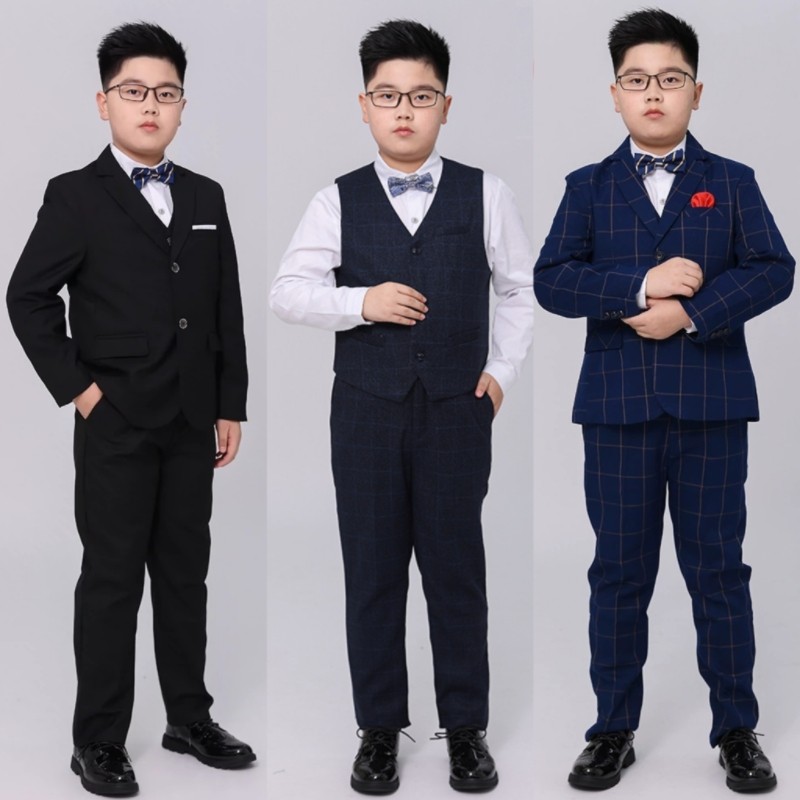胖儿童礼服男童加肥大码格子西装马甲套装主持人钢琴表演大童西服