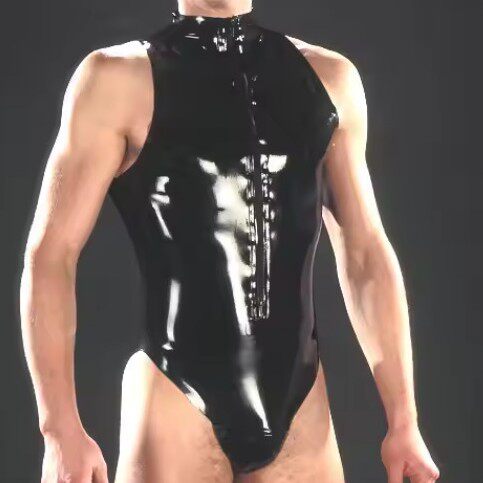 乳胶衣连体衣 男士连体泳衣 前开拉链 无袖胶衣