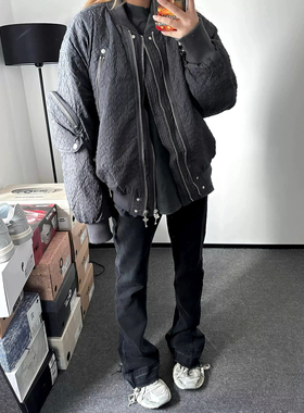 LBMS辣堡美式飞行夹克压皱棉服男秋冬加厚拉链夹棉bomber棒球外套