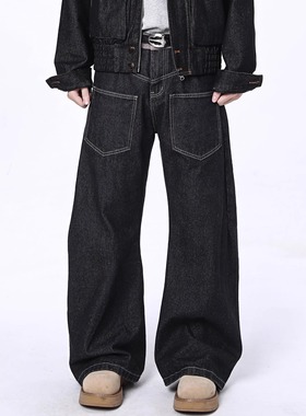 LBMS辣堡美式复古秋冬潮流拼接黑高级感设计男宽松弯刀牛仔长裤