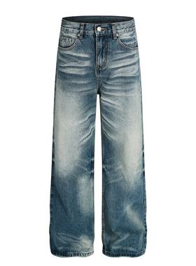 LBMS辣堡美式潮流男女街头水洗复古蓝猫须纹设计宽松男直通牛仔裤