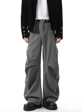 LBMS辣堡美式灰色西裤打褶简约cleanfit显瘦宽松复古修身休闲长裤