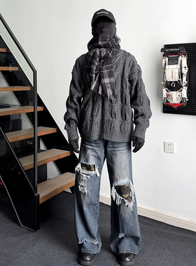 LBMS辣堡美式街潮潮流中性高级感复古蓝破洞设计男式宽松牛仔裤