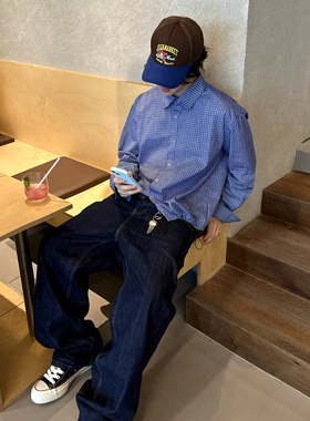 LBMS辣堡美式miu系手工收褶皇室蓝格长袖衬衫男立体短宽抽绳衬衣