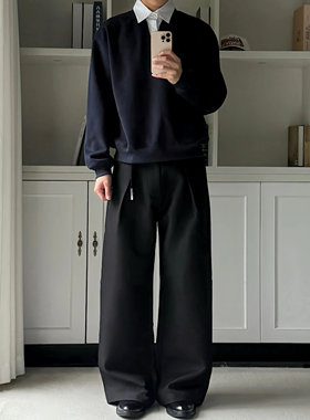 LBMS辣堡美式知识分子假两件条纹v领纯色卫衣短宽套头学院风上衣