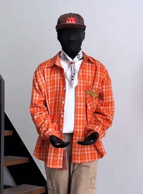 LBMS辣堡美式西海岸哥特字母刺绣长袖衬衫春秋季新款格子休闲上衣