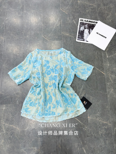 设计师品牌正品 采桑子桑蚕丝真丝烧花洋气宽松真丝丝绒半袖上衣