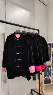 设计师品牌正品 江南采桑子新中式立领盘扣真丝丝绒撞色棉服外套