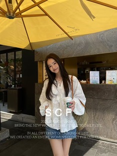 上衣女 衬衫 深圳原创正品 重工立体花朵刺绣100棉圆领系带防晒长袖