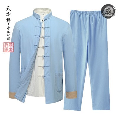 速发春夏男式三件套棉麻风国中居士汉服立领盘爸复古唐装中老年爸