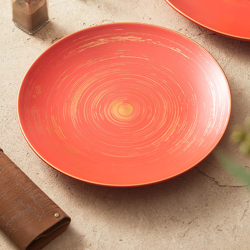 速发优格描金腊光红釉盘子高级感牛排圆餐瓷菜盘家用陶具盘盘西餐