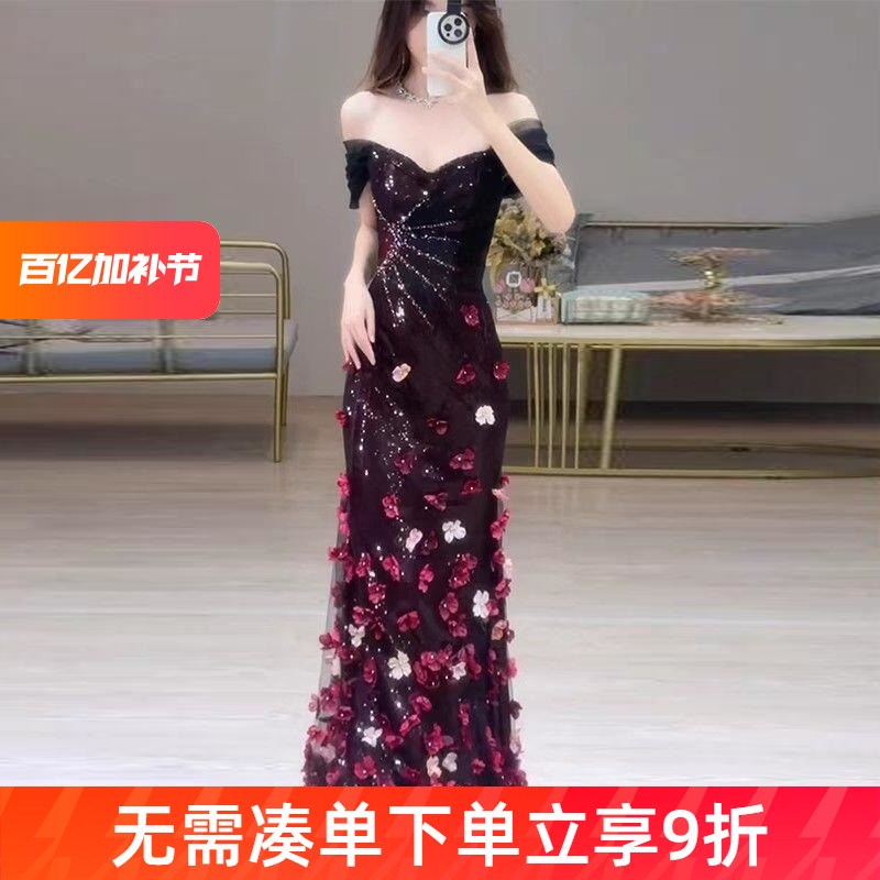 速发一字肩敬酒服新礼酒红色宴会主持人高级感鱼尾订婚晚娘服花朵