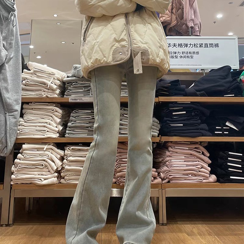 速发大码胖妹妹牛色微喇浅仔裤春款新秋复古马蹄裤高腰裤子