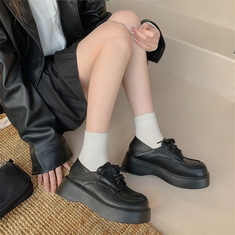 真皮厚底乐福鞋女2025新款百搭学院黑色单鞋系带英伦风小皮鞋