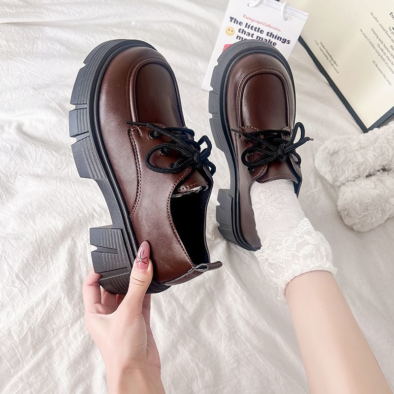 棕色系带小皮鞋女2025秋季新款百搭复古英伦风厚底粗跟配裙单鞋女