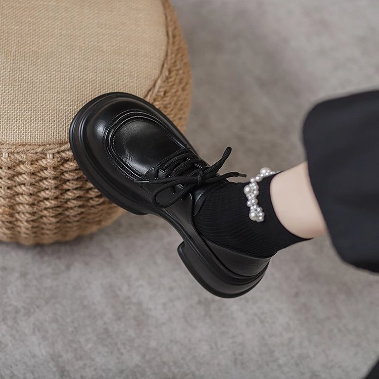 小皮鞋子女厚底单鞋英伦风2025新款乐福鞋黑色系带大码女鞋41一43