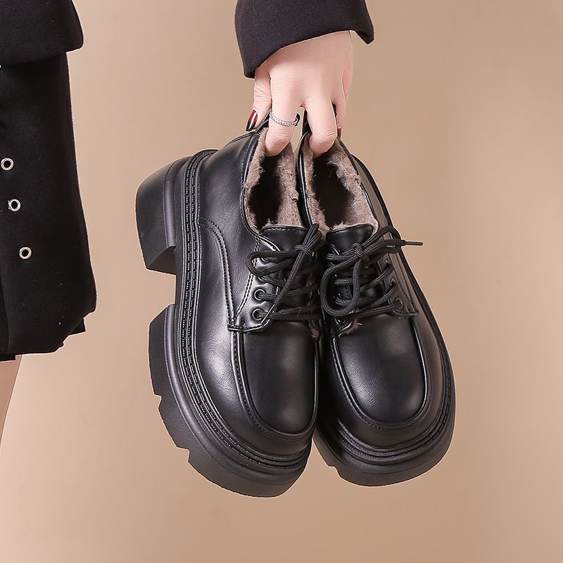 爱棉麻真皮英伦风百搭小皮鞋女秋冬加绒黑色厚底小个子乐福单鞋子