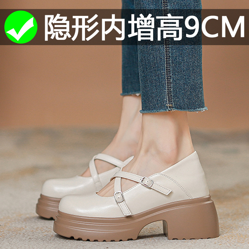 杏色厚底单鞋女2025春季新款爆款浅口粗跟法式玛丽珍单鞋小码3233
