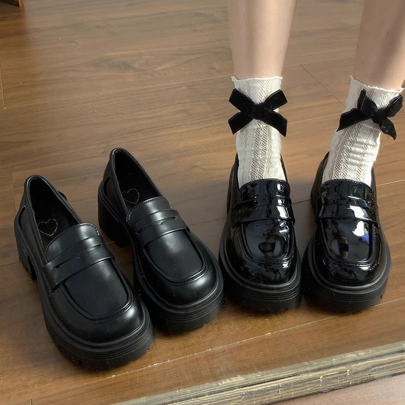 粗跟厚底黑色小皮鞋女2025新款春季jk制服单鞋女鞋子增高