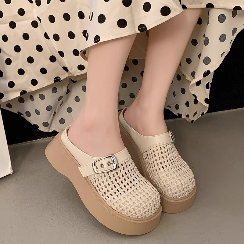 厚底包头半拖鞋女夏外穿2025新款百搭配裙子增高编织一脚蹬懒人鞋