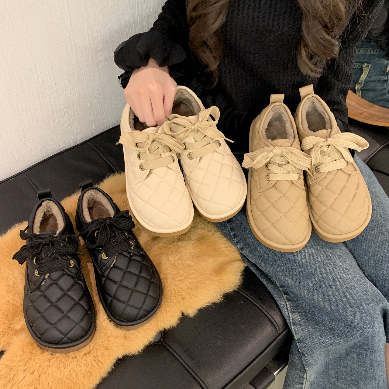 加绒加厚女鞋子2025新款冬季厚底勃肯鞋外穿毛毛鞋低帮雪地靴棉鞋