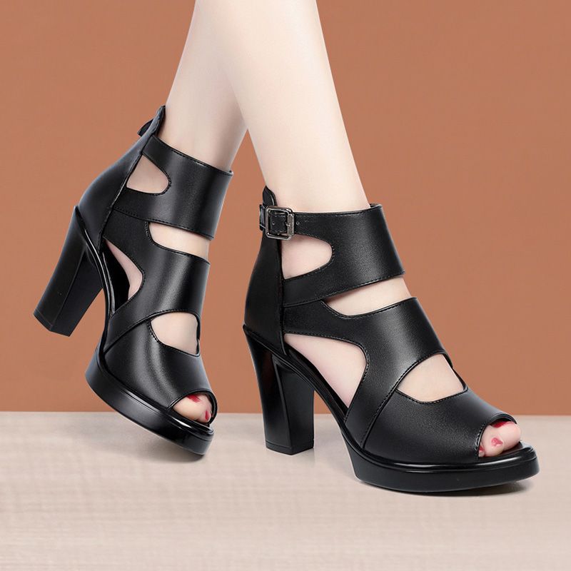 模特走秀罗马凉鞋女高跟粗跟舒适领舞鞋厚底防水台透气外穿女皮鞋