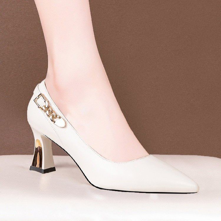 大牌鞋真皮不累脚高跟鞋女2025年新款春夏粗跟尖头浅口软底单鞋女