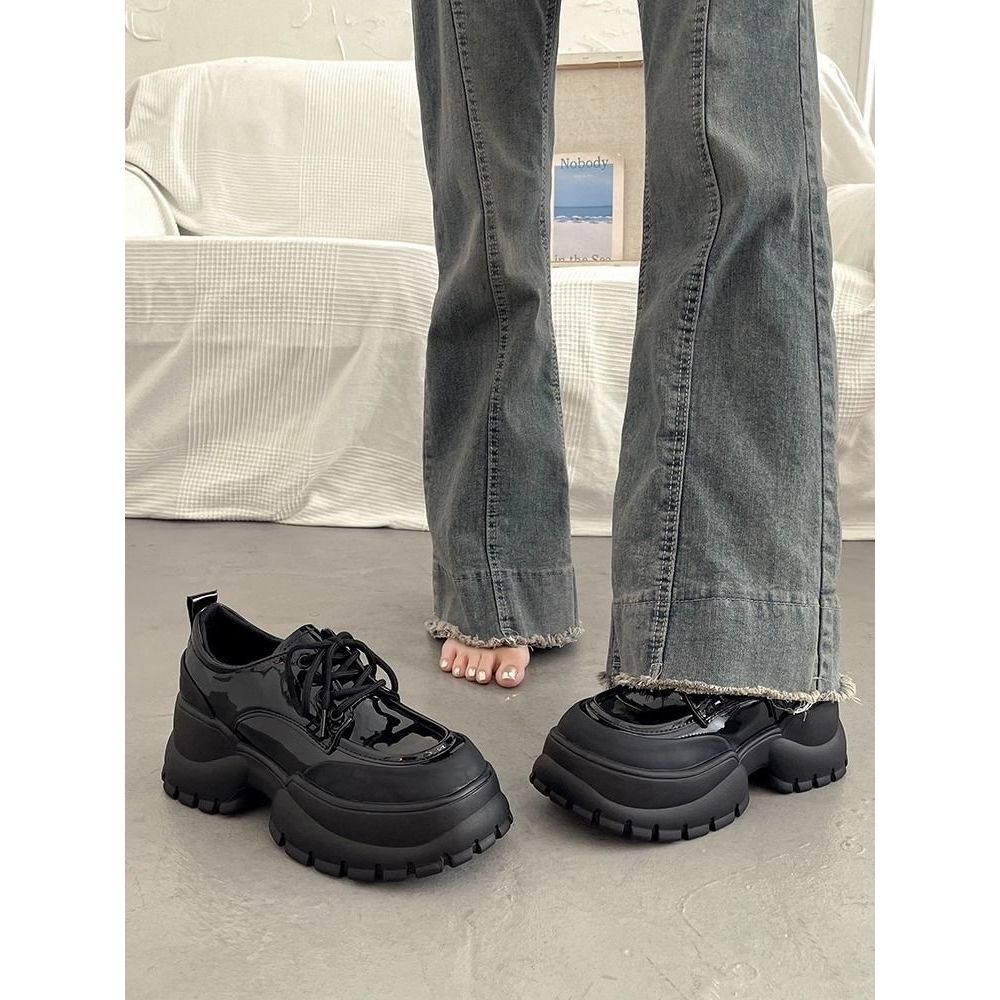 厚底增高系带小皮鞋女2025新款秋季松糕底乐福鞋小个子高跟鞋单鞋