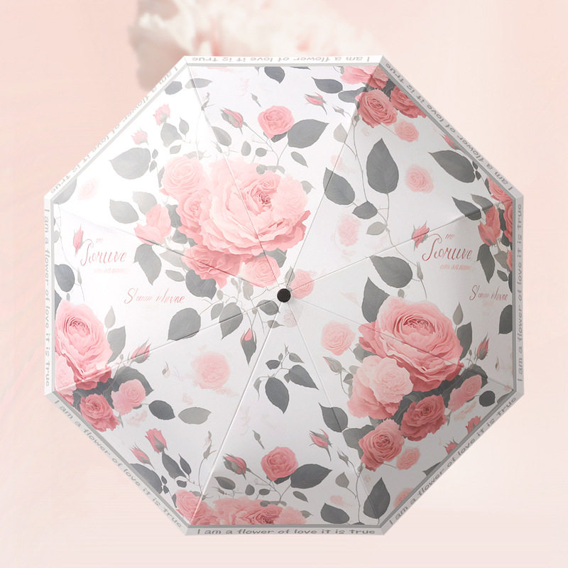 黑胶晴雨伞满印玫瑰花伞太阳伞防晒防紫外线折叠女可爱遮阳伞