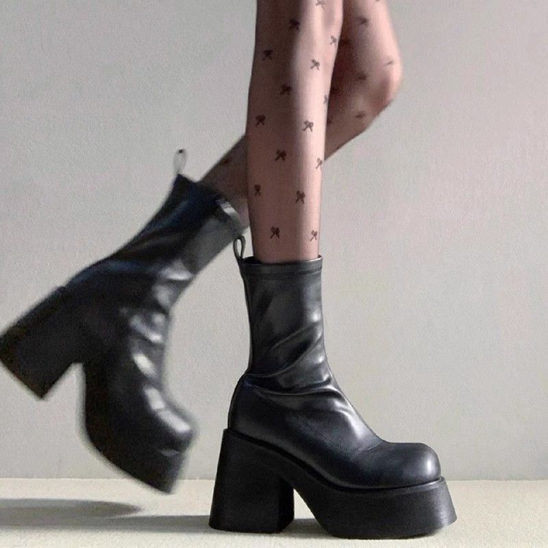 粗跟高跟靴小个子松糕鞋增高厚底短靴女2025新款春秋黑色中筒靴子